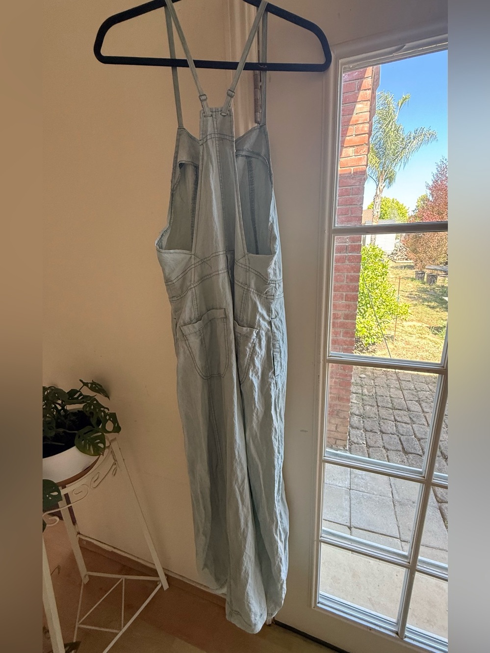 Dusty Mint Crinkly Linen Wide-Leg Overalls - Picture 2 of 4